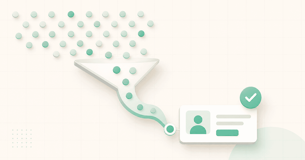 Abstract content funnel turning many view dots into a small signup card.